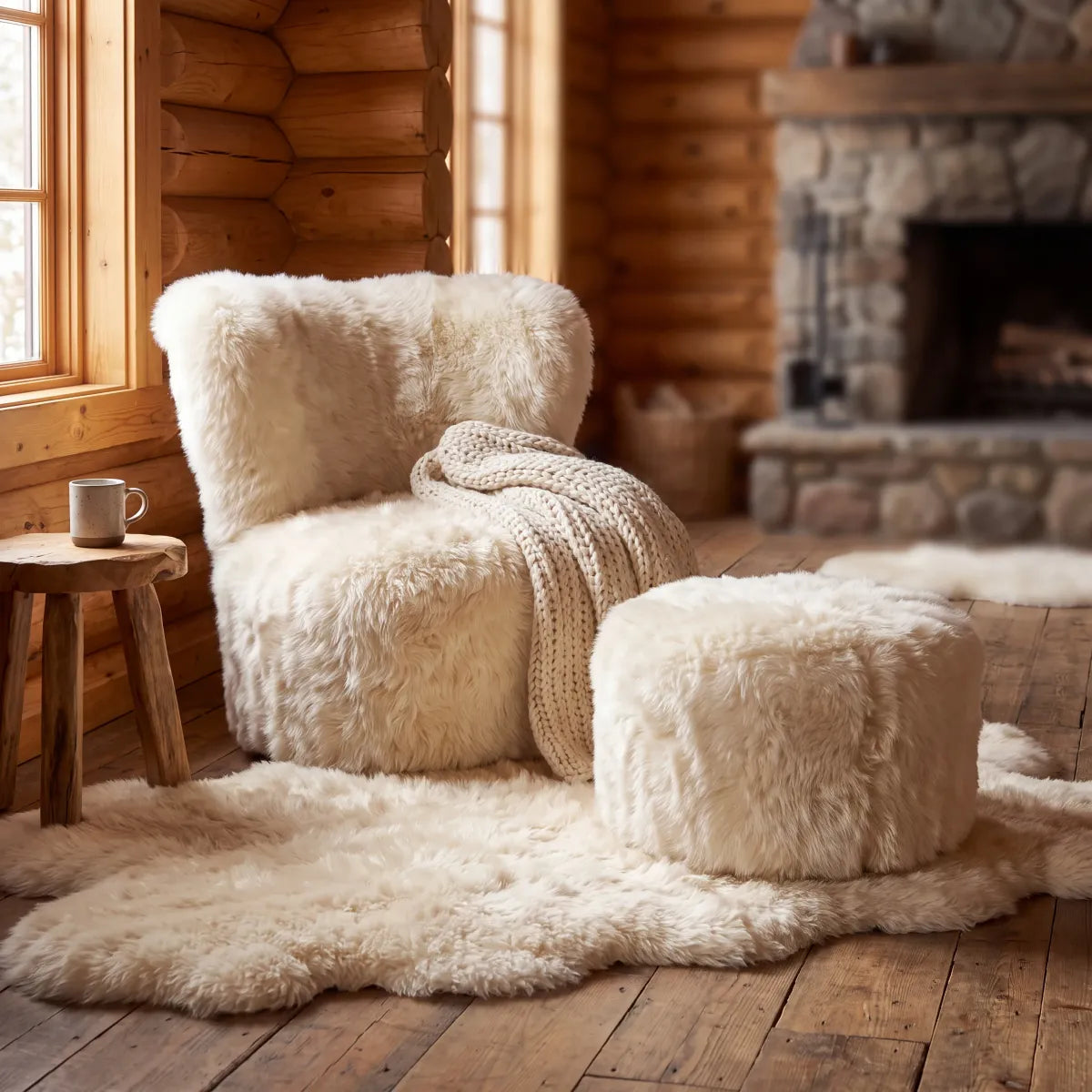 Skandi Footrest | Long Wool Sheepskin | New Zealand Linen