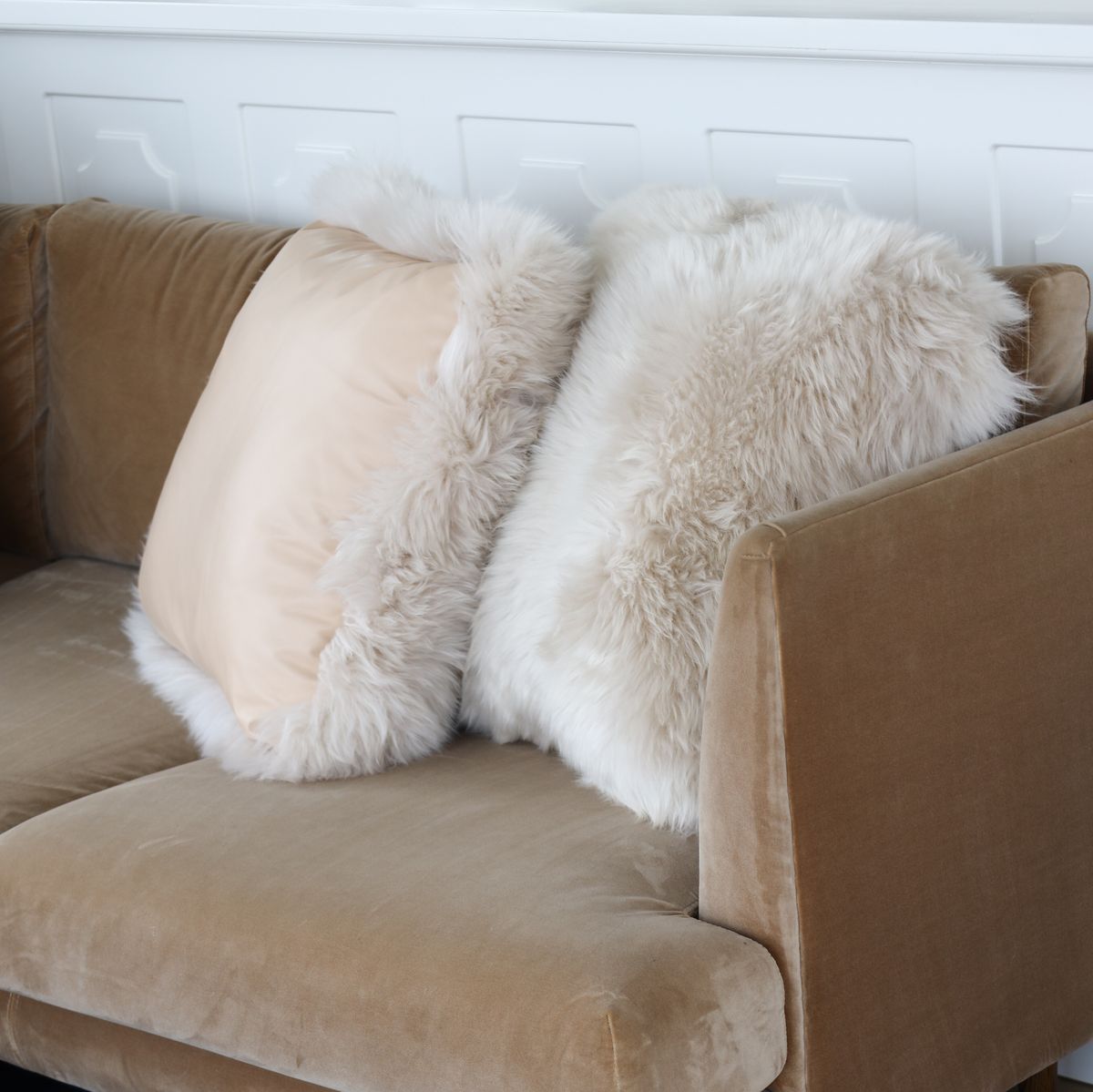Long Wool Sheepskin Cushion | Leather backing Ivory