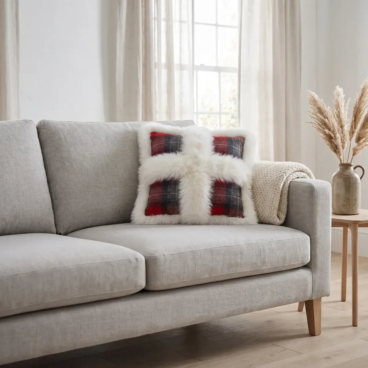 Sheepskin and Wool Cushion | Cross | Long Wool | 52x52 cm