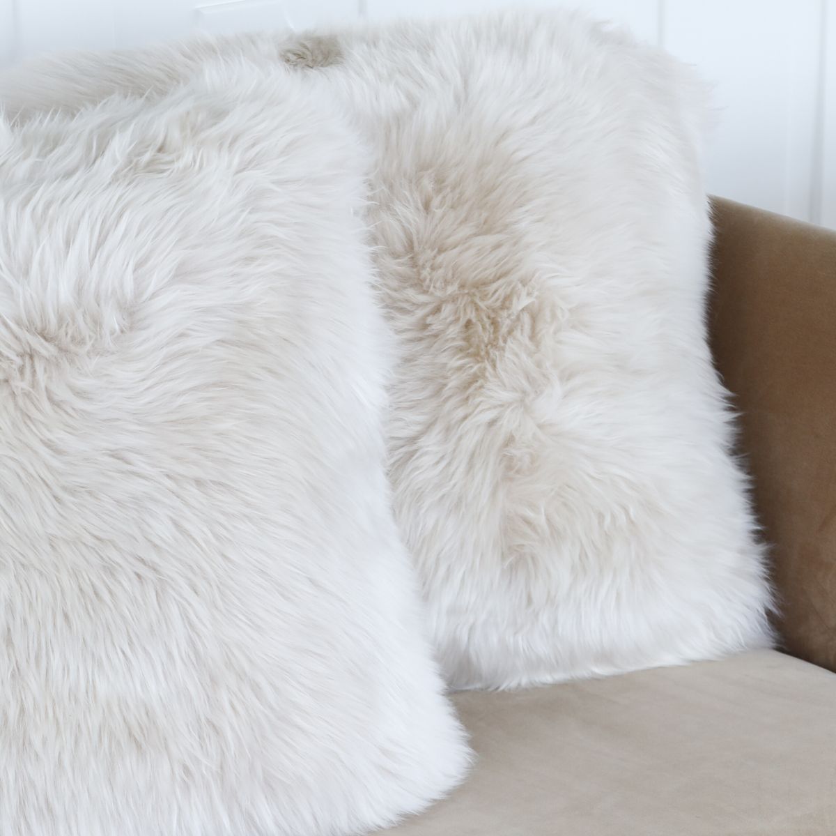 Long Wool Sheepskin Cushion | Leather backing Ivory