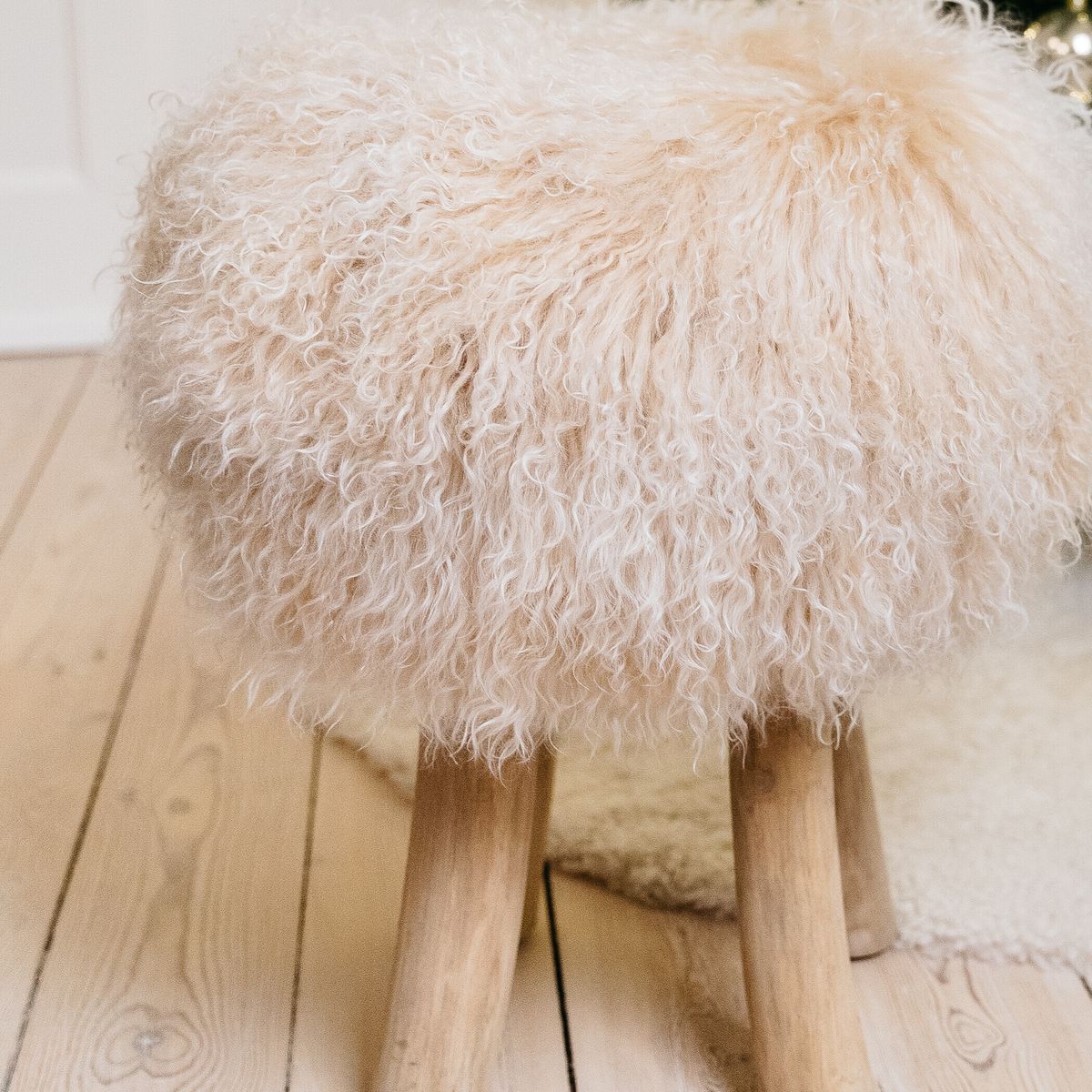 Theo Stool + Cover | Oak Legs | Tibet Sheepskin Black