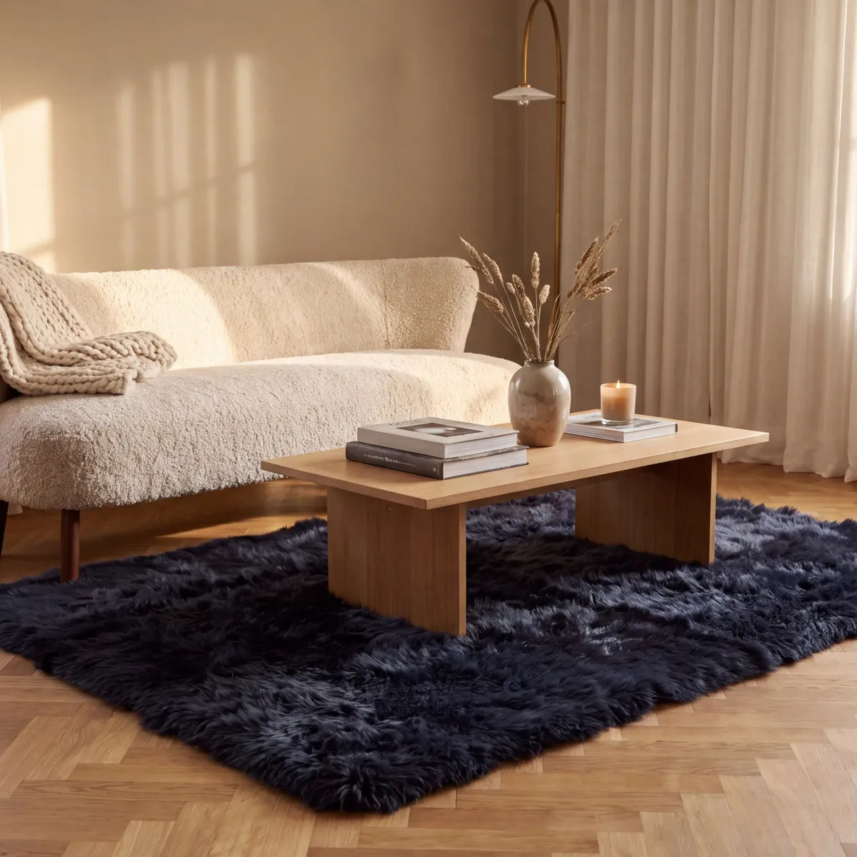 Long Wool Sheepskin Design Rug  | Navy | 120x180 cm  | 170x240 cm 