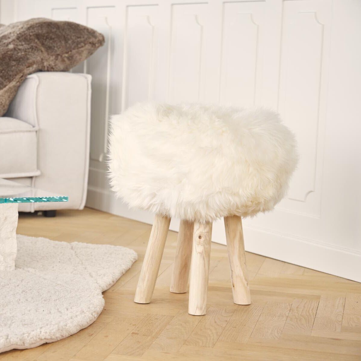 Theo Stool + Cover | Oak Legs | New Zealand Sheepskin Hedge Green